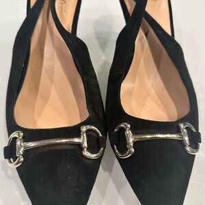 INC Black Suede Gold Buckle Womens High Heel Size 7.5